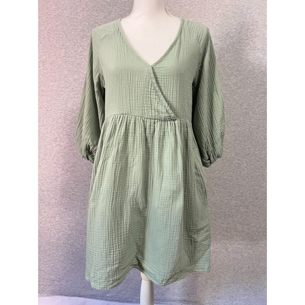 Madewell Babydoll Faux Wrap Dress Womens Small Sage Green Gauze Cotton Long Slee